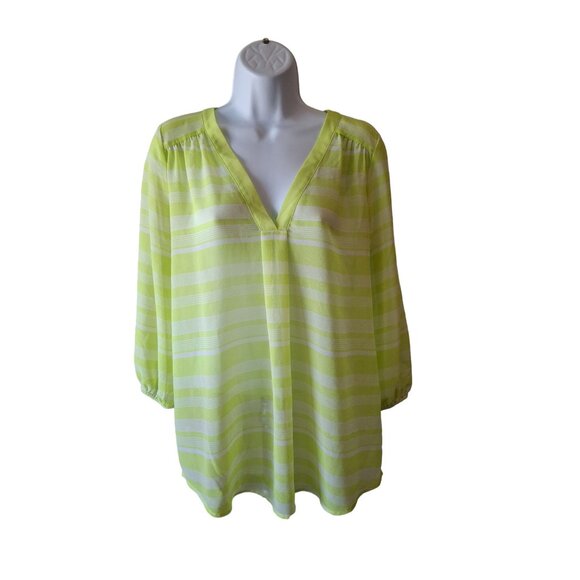 Ann Taylor Loft Womens Blouse Medium Sheer Lime Green Striped V Neck Lagenlook - Picture 1 of 6